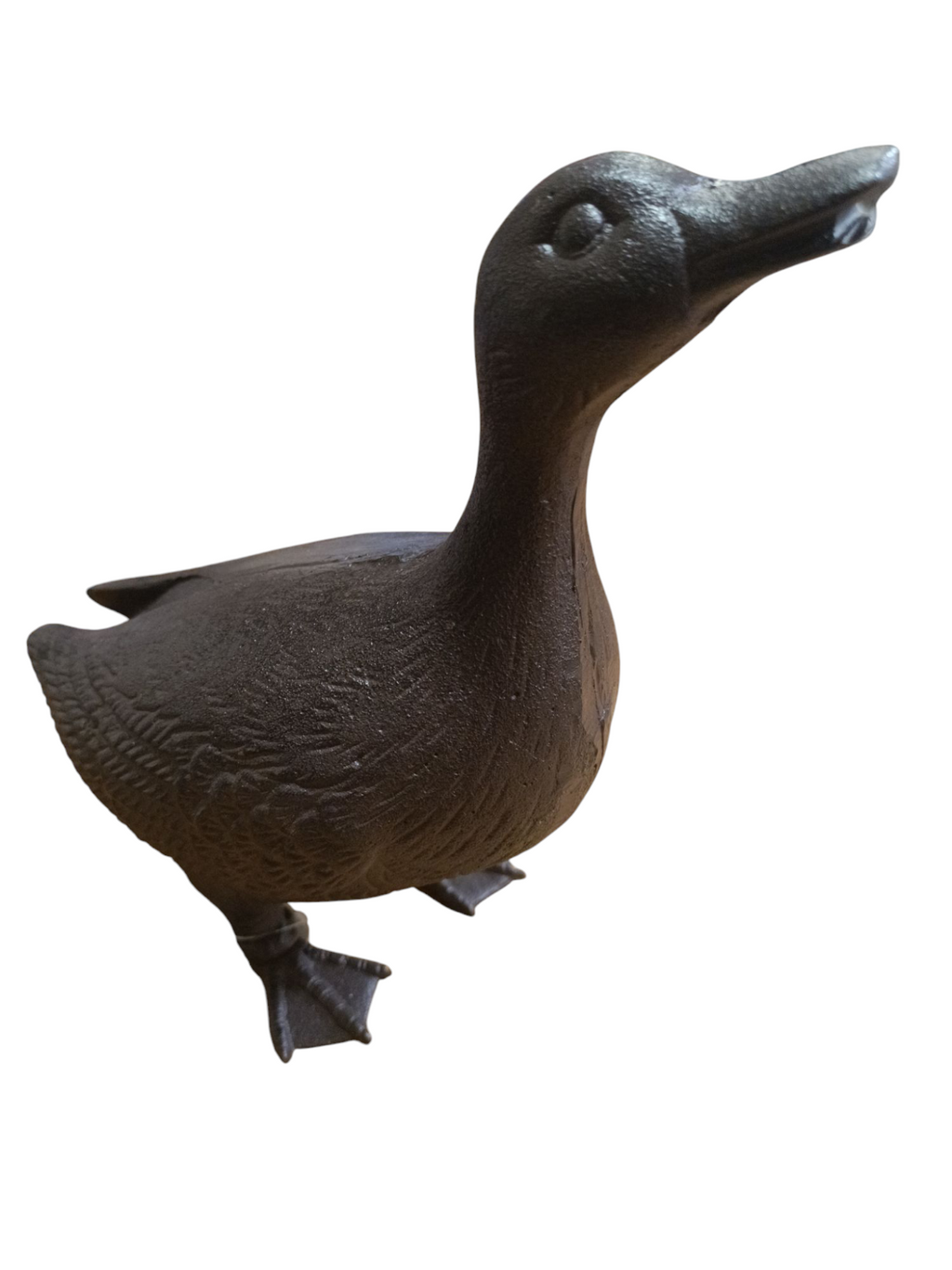 Estatueta de pato castanha escura com textura detalhada