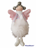 Boneca anjo decorativa com asas cor-de-rosa e vestido branco peludo