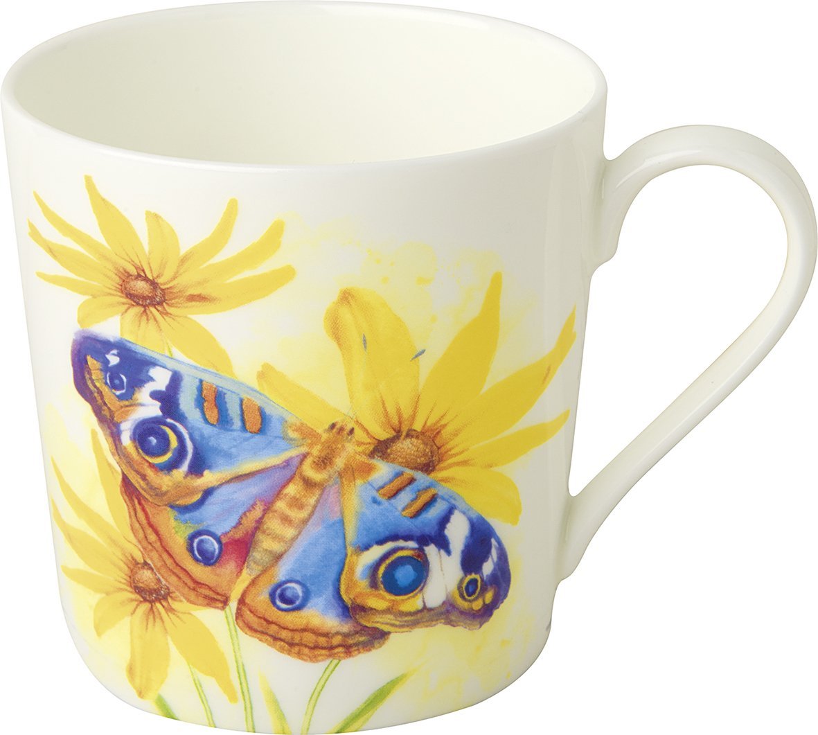 Caneca branca com estampa de borboleta azul e flores amarelas