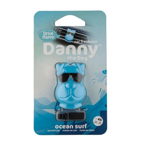 Ambientador para carro azul em forma de cão com óculos na embalagem azul