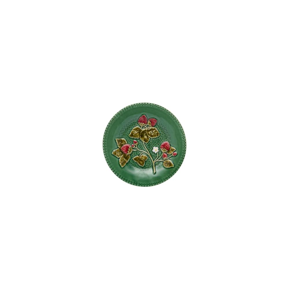 Prato cerâmico verde com relevo floral de folhas e frutos vermelhos