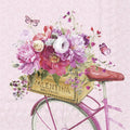 Bicicleta rosa com caixa de madeira cheia de flores coloridas e borboletas, com texto VALENTINA BOUTIQUE