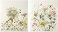 Ilustrações de uma bicicleta amarela com flores e flores silvestres com borboletas em fundo neutro.