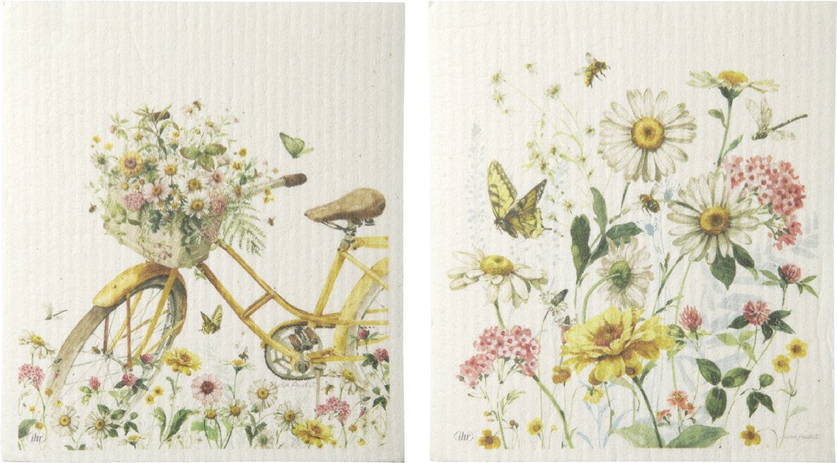 Ilustrações de uma bicicleta amarela com flores e flores silvestres com borboletas em fundo neutro.