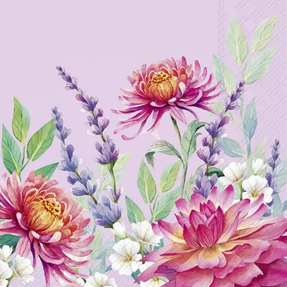Ilustração floral com flores rosas e lilás em fundo lilás