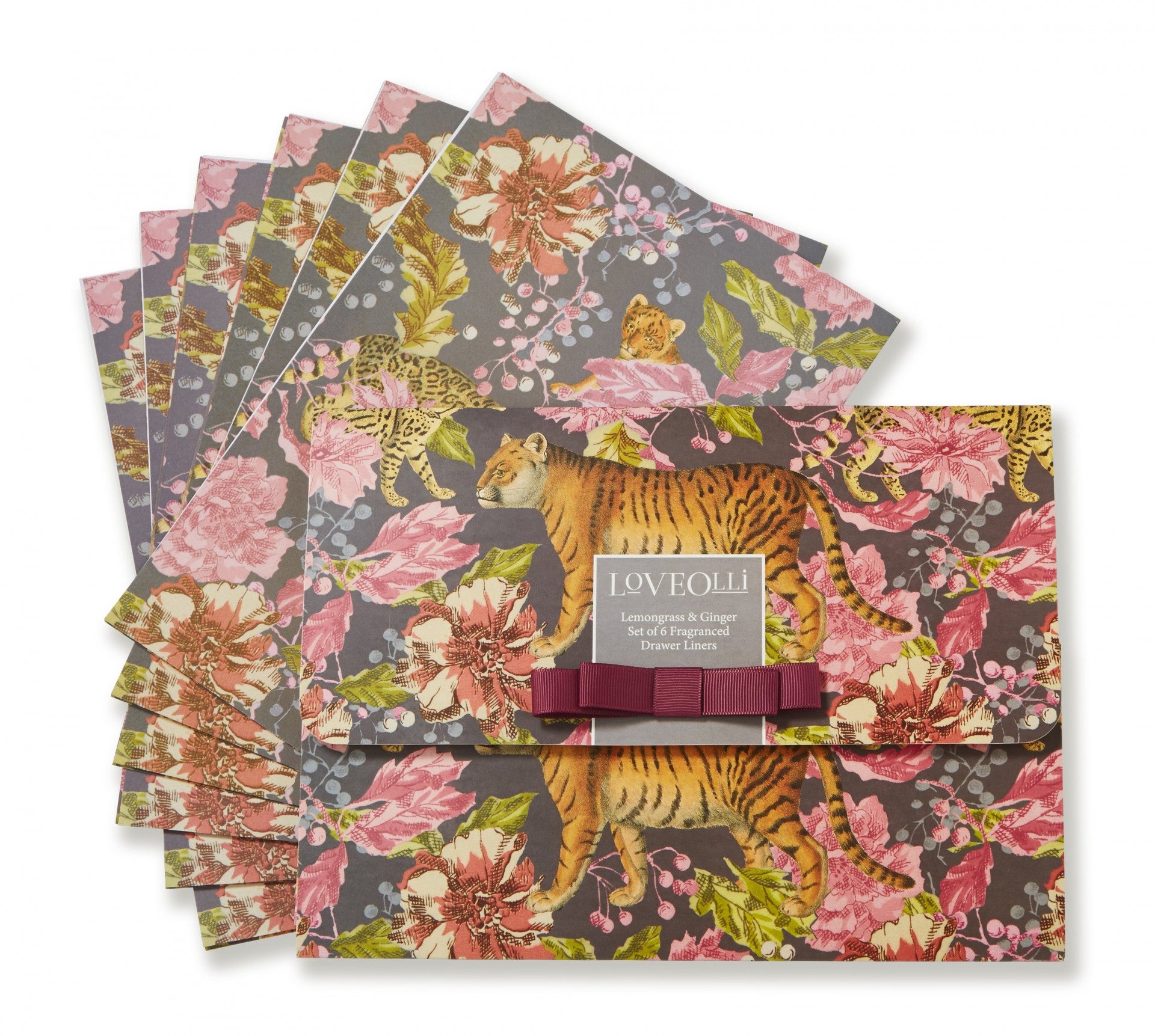 Seis saquetas perfumadas LOVEOIL com design de tigres e flores sobre fundo cinza