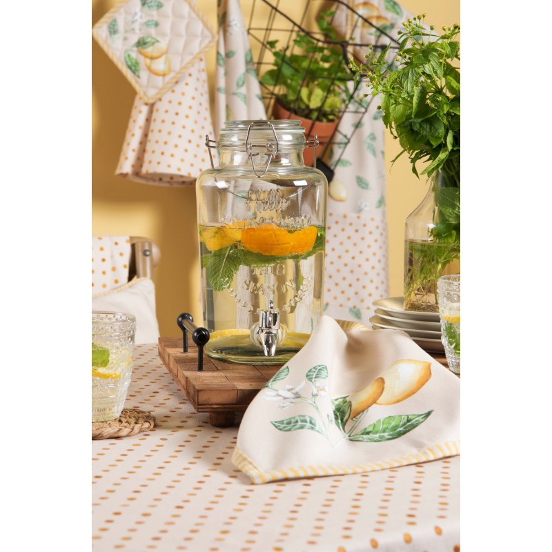 Dispensador de vidro com produto e panos de cozinha decorativos num ambiente acolhedor.