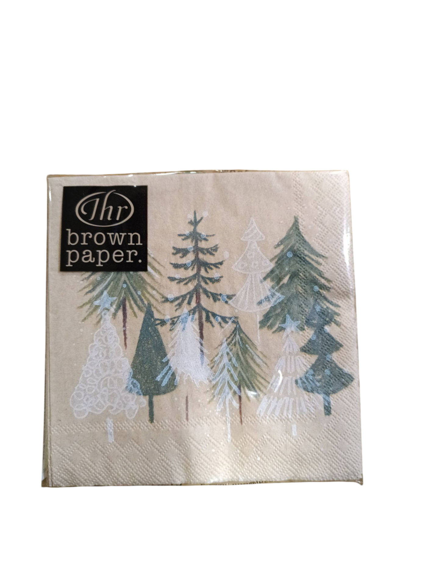 Guardanapos de papel com árvore de Natal e embalagem com texto Ihr brown paper.