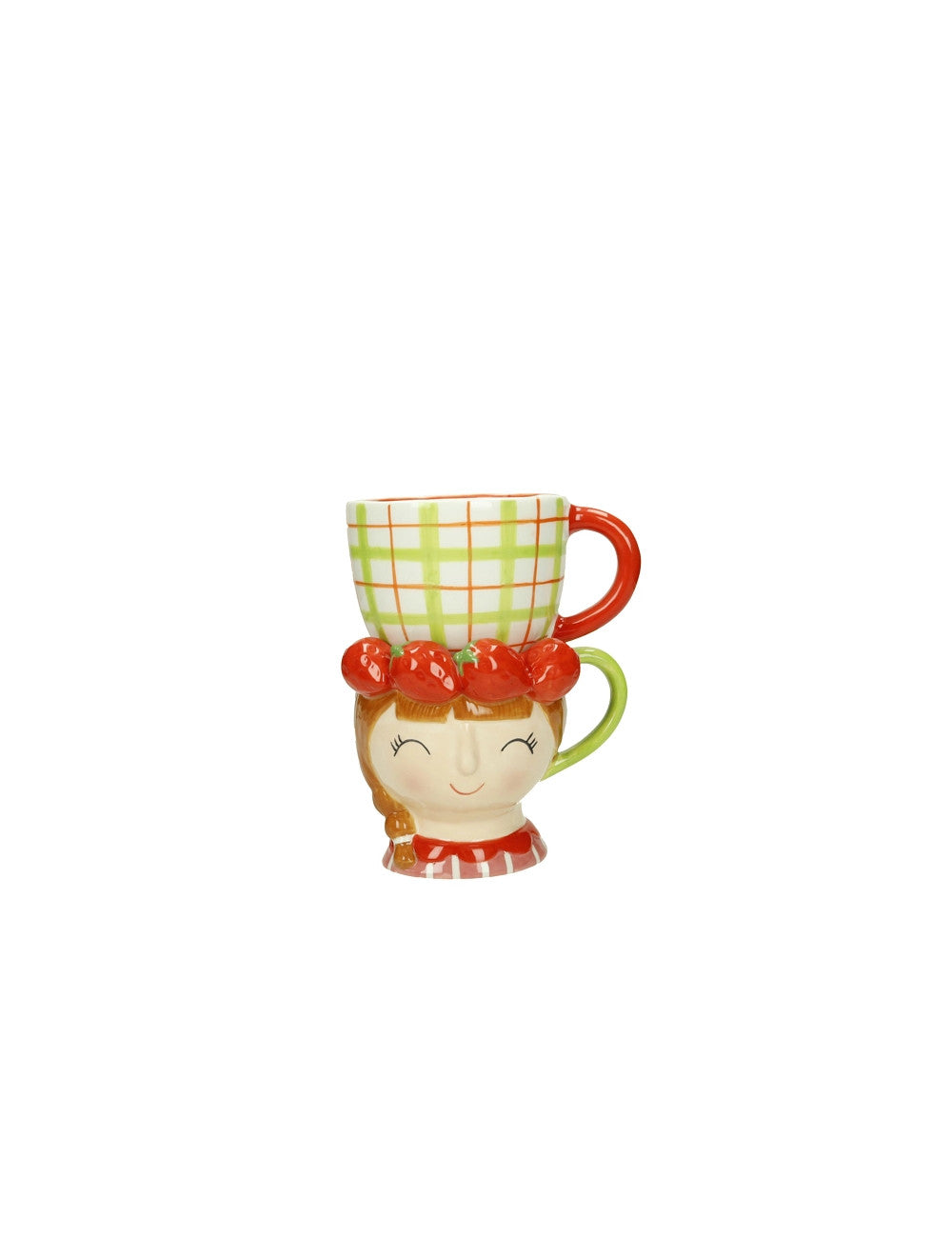 Canecas empilhadas de cerâmica com padrão de quadrados e decoração de rosto com morangos.