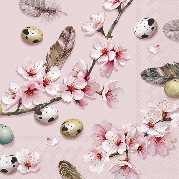 Guardanapo rosa com flores, ovos pintados e penas decorativas
