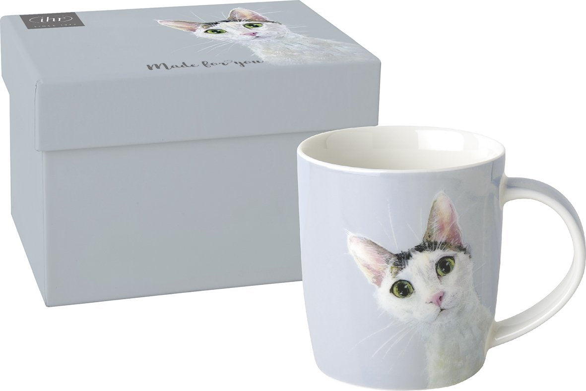 Chávena branca com imagem de gato e caixa cinzenta correspondente