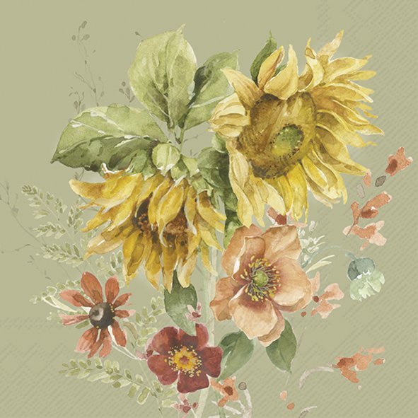 Padrão aquarela com girassóis e flores coloridas em fundo verde claro
