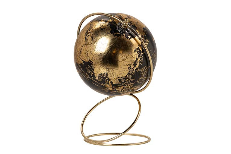 Globo terrestre decorativo preto e dourado com suporte metálico dourado