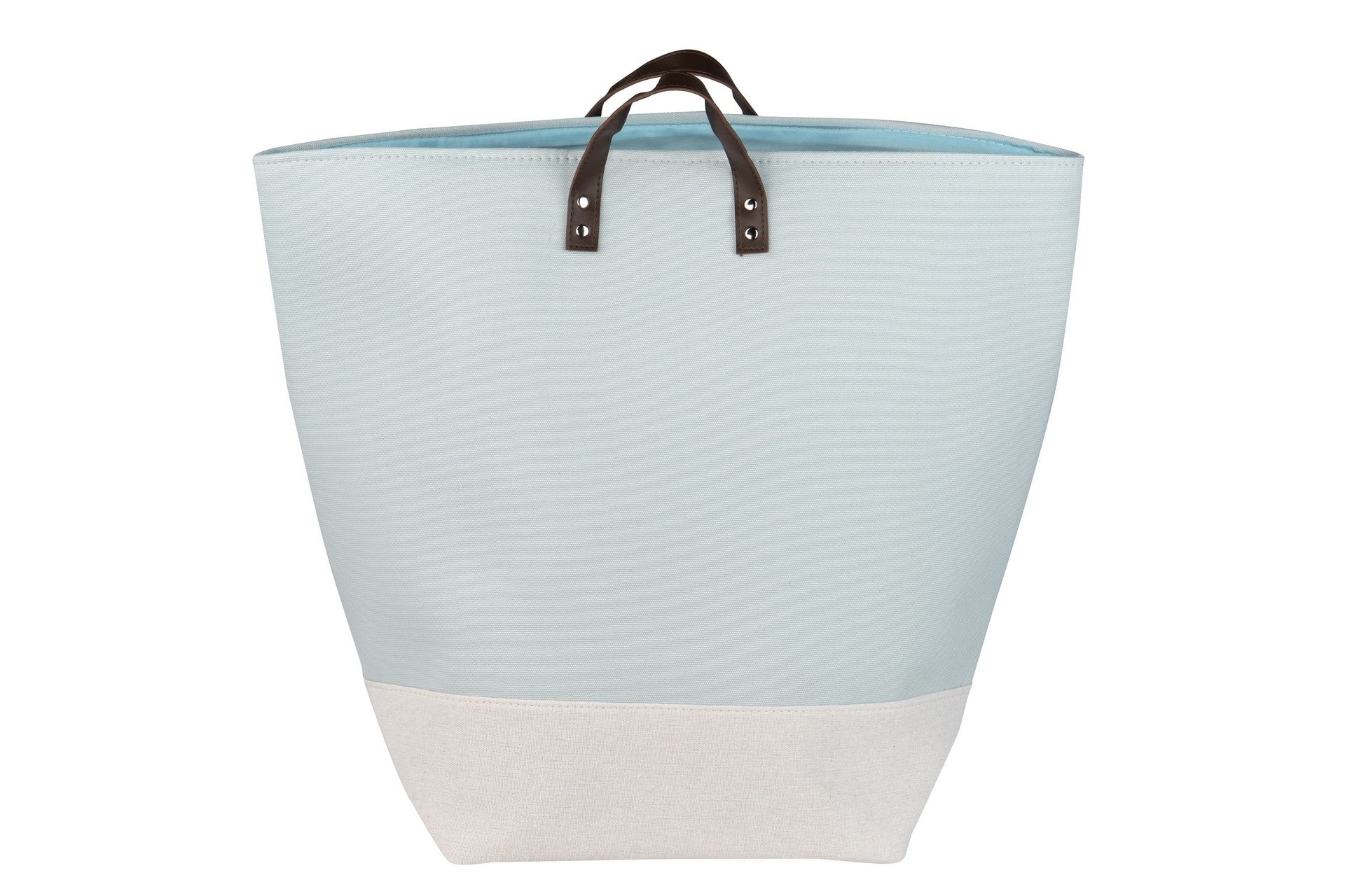 Saco de tecido azul claro e branco com alças em couro castanho