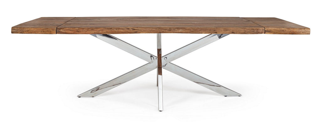 Mesa de jantar com tampo de madeira castanha e base metálica em X