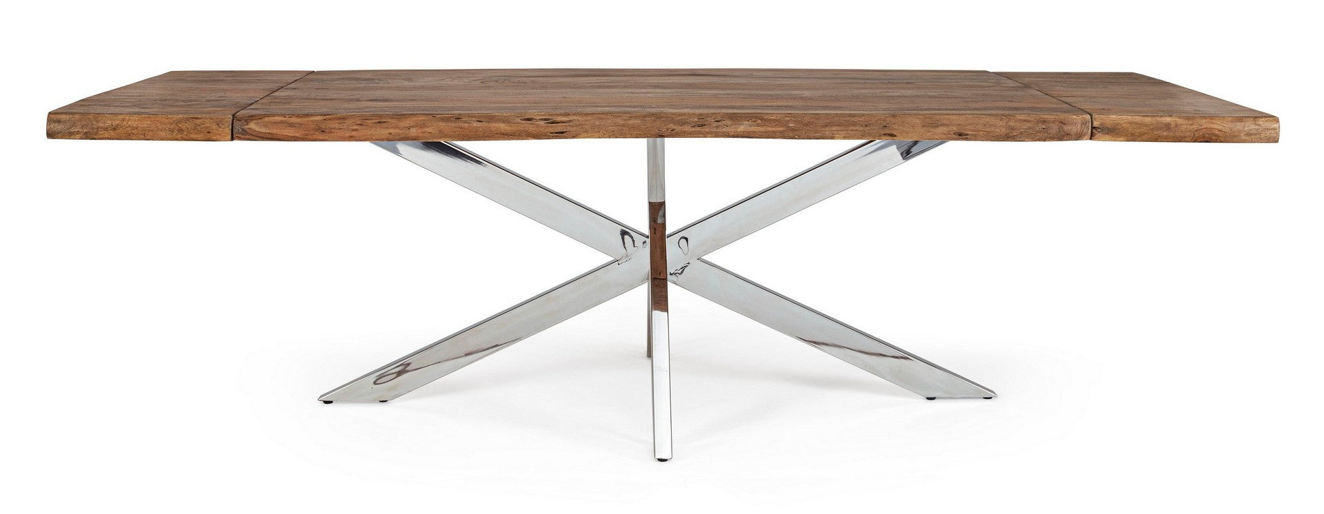 Mesa de jantar com tampo de madeira castanha e base metálica em X