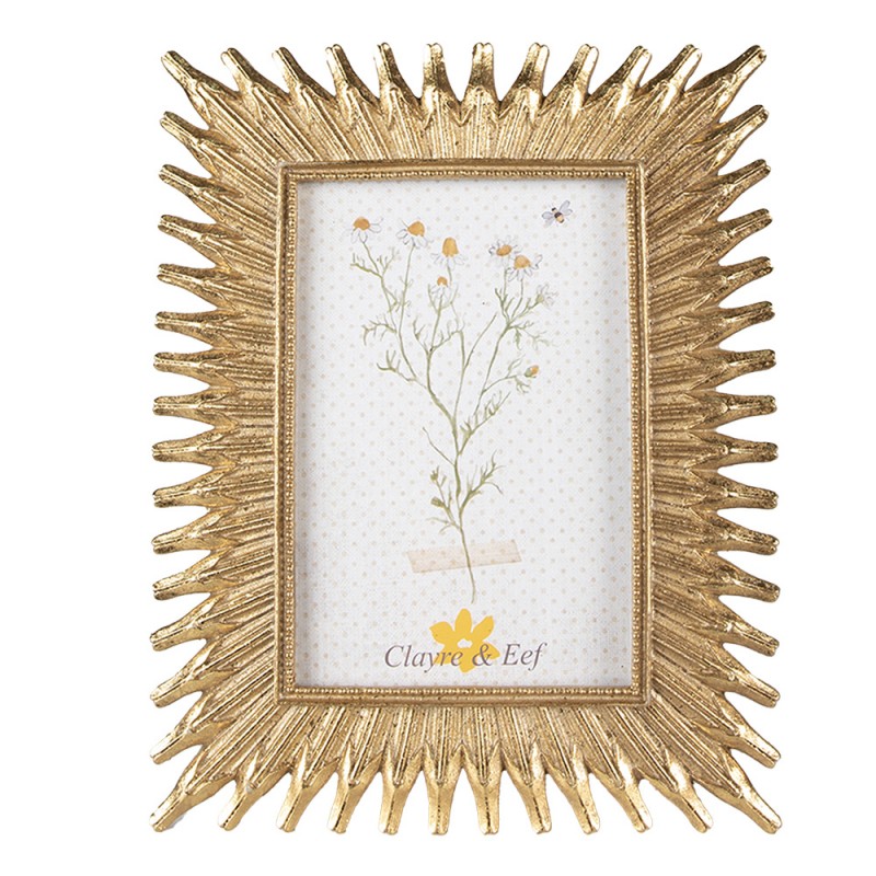 Moldura dourada com textura em padrão de raios e imagem de flores com texto Clayre & Eef