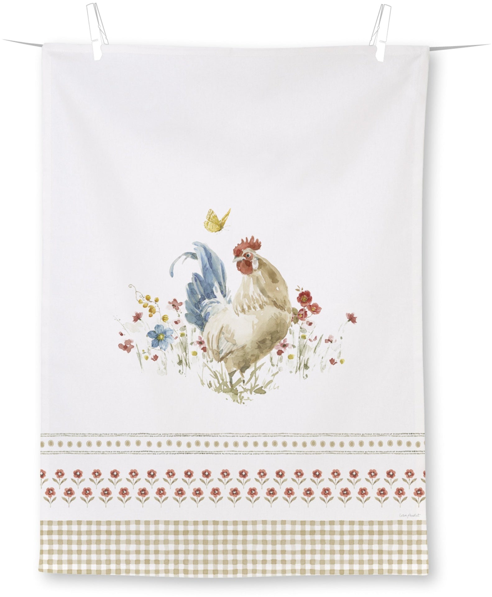 Pano de cozinha branco com galo e flores impressos