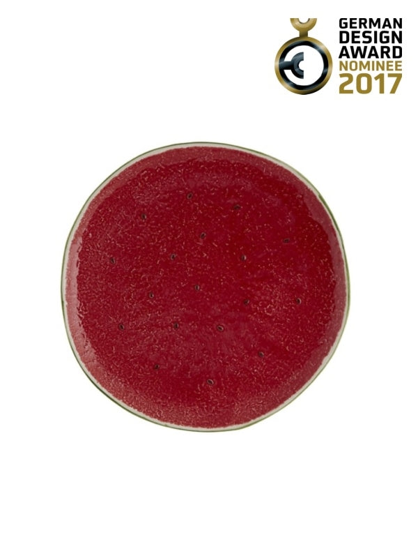 Prato redondo vermelho esmaltado com selo German Design Award Nominee 2017