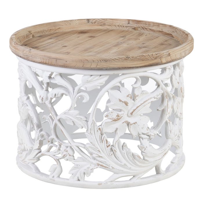 Mesa redonda de centro com tampo de madeira e estrutura de metal branco com flores recortadas