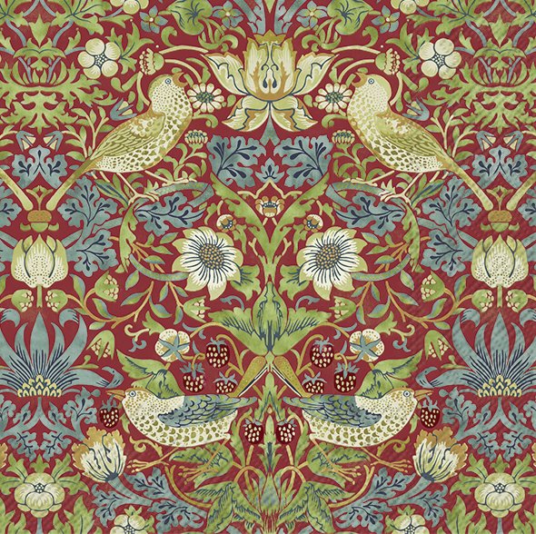 Padrão têxtil com pássaros e flores sobre fundo vermelho