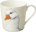 Caneca branca com estampa de ganso e fundo bege