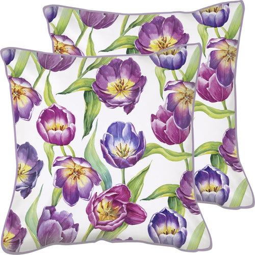 Almofadas decorativas com padrão floral de tulipas roxas e lilases