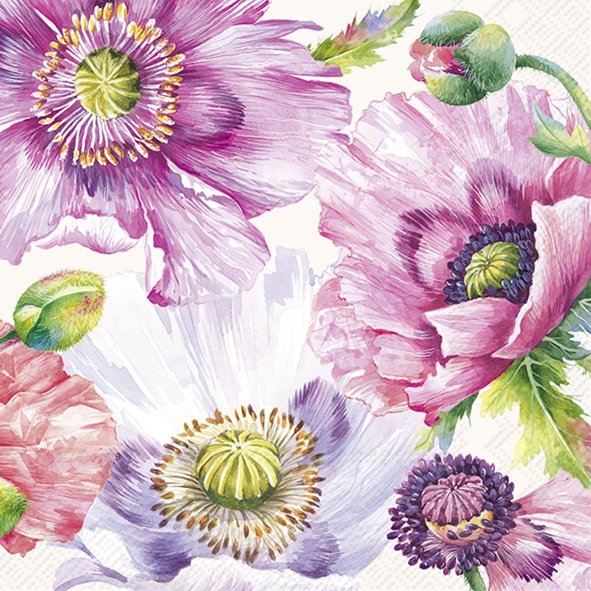 Desenho de flores em tons roxo, rosa e branco com folhas verdes.