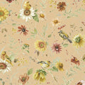 Papel de parede floral com girassóis e pássaros sobre fundo bege