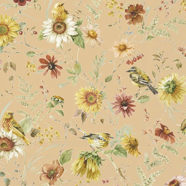 Papel de parede floral com girassóis e pássaros sobre fundo bege