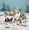 Cena de inverno com casa de neve, carruagem e pessoas