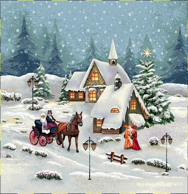 Cena de inverno com casa de neve, carruagem e pessoas