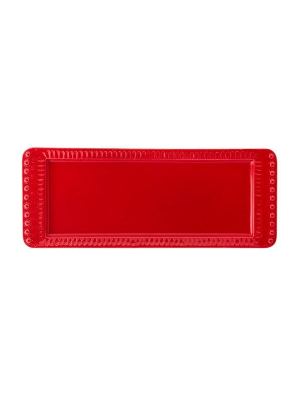 Prato rectangular em cerâmica vermelha com bordas decorativas