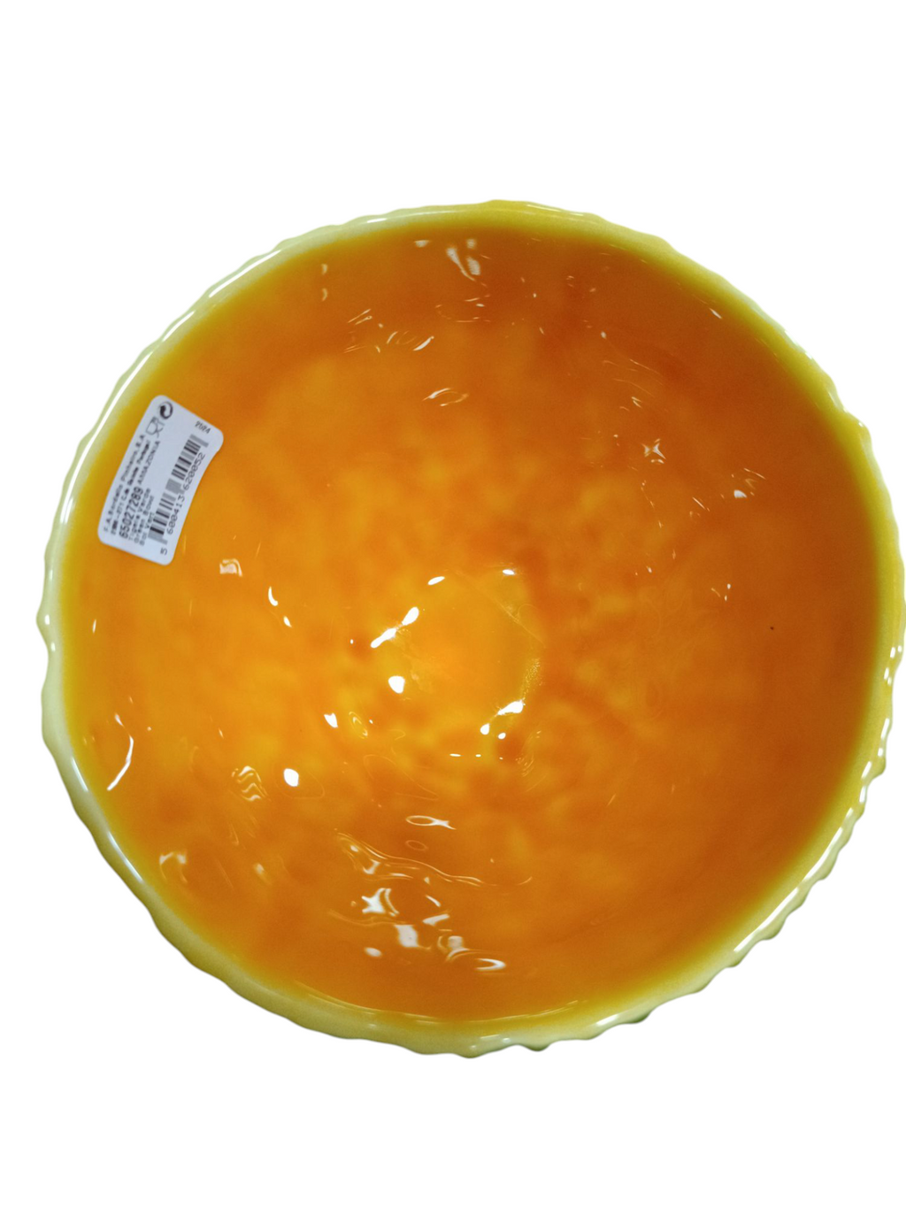 Taça decorativa de cerâmica laranja e amarela com etiqueta