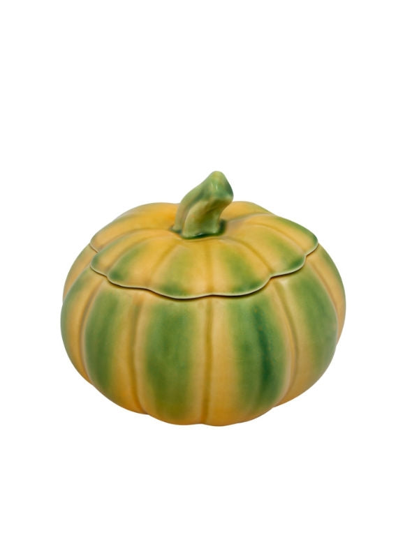 Pote de cerâmica em forma de abóbora verde e amarela com tampa