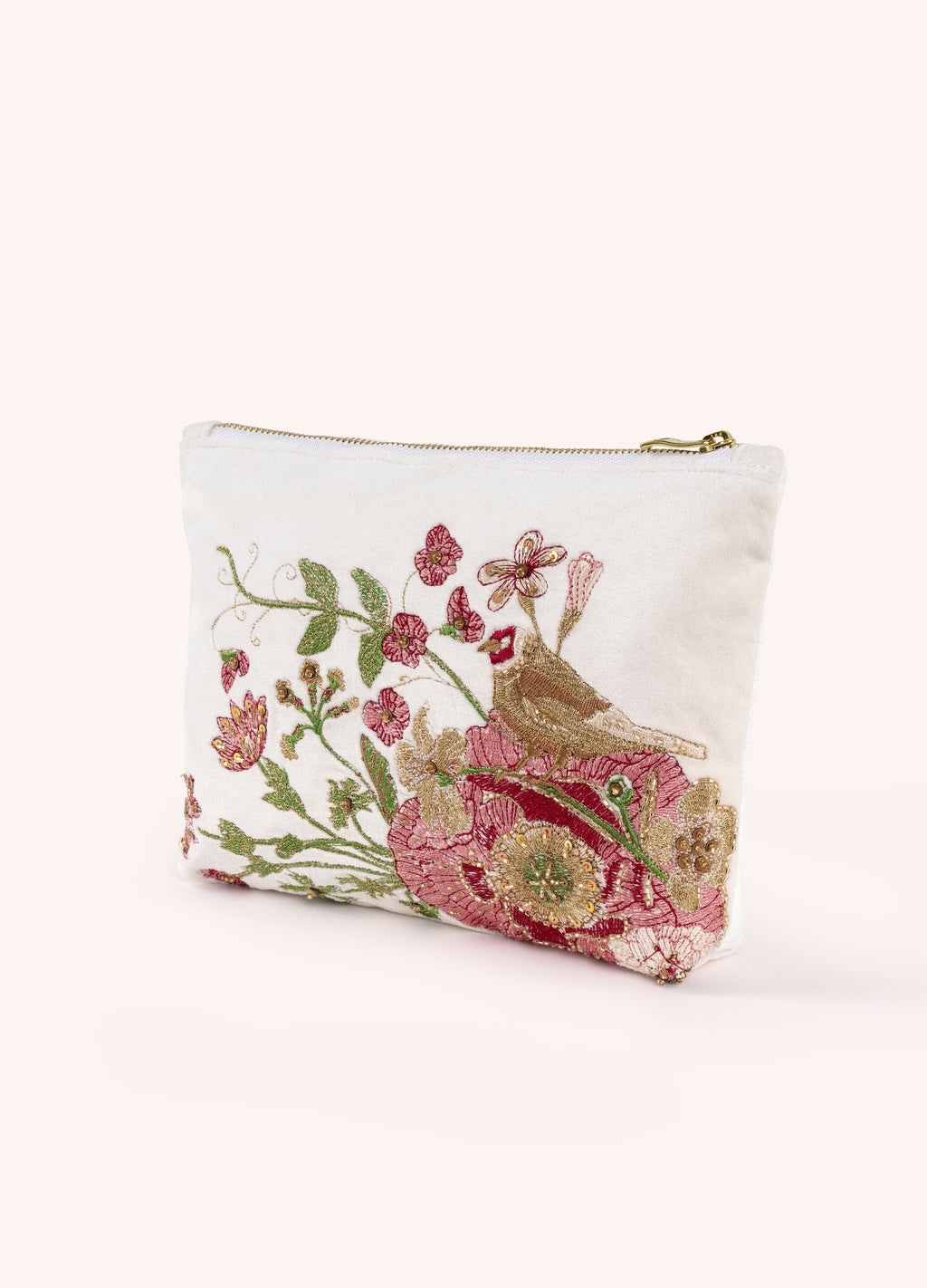 Necessaire branca com bordados florais e pássaro