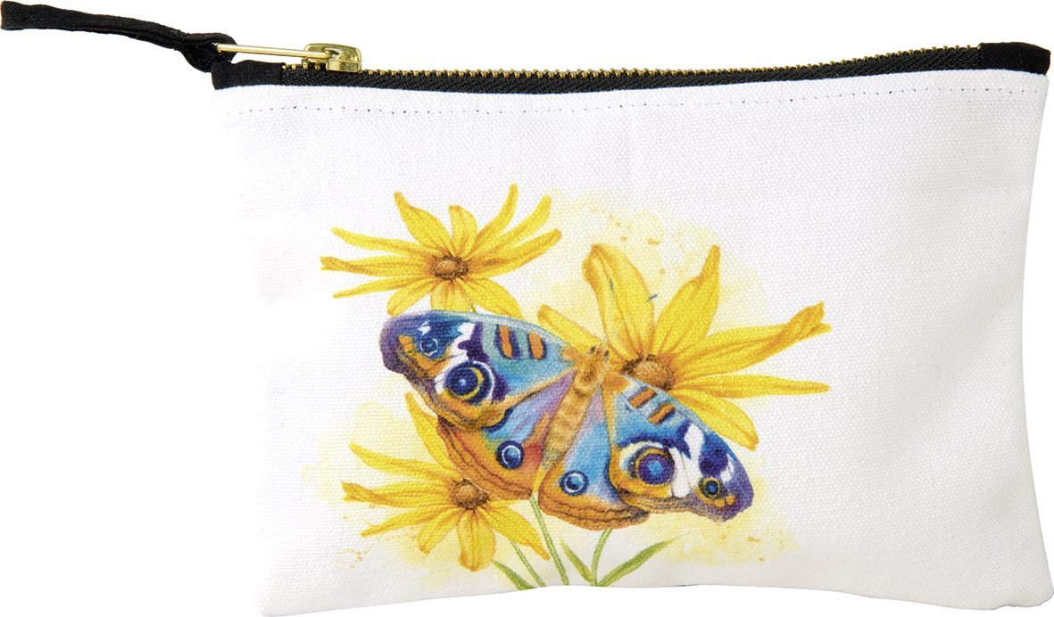 Estojo branco com borboleta azul e flores amarelas