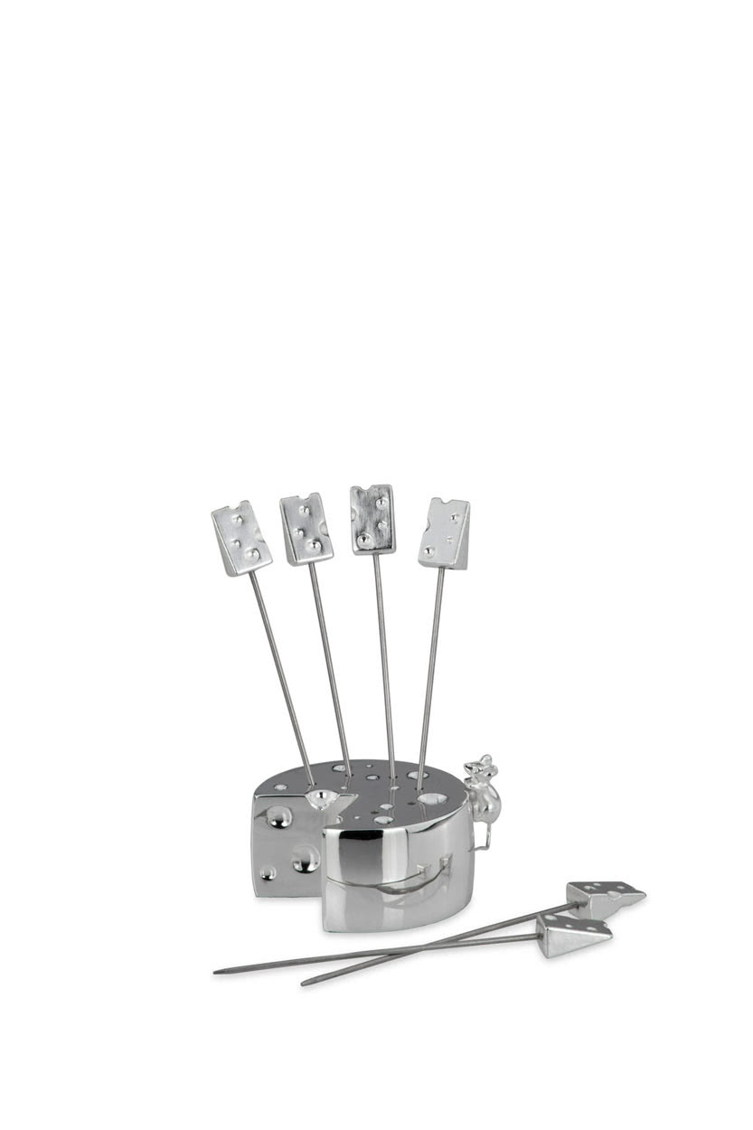 Conjunto de fondue metálico prateado com garfos decorados com dados