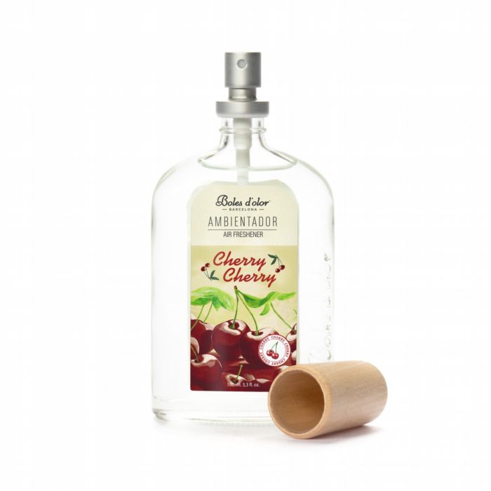 Ambientador Cherry Cherry com frasco vidro transparente e tampa madeira