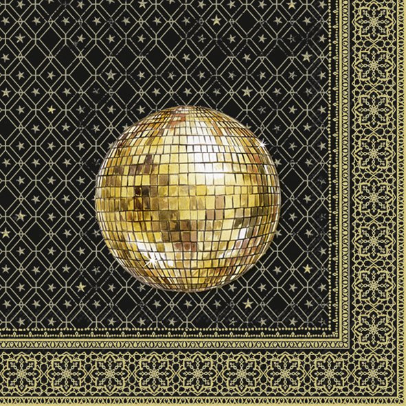 Lenço preto com padrão dourado e globo central dourado
