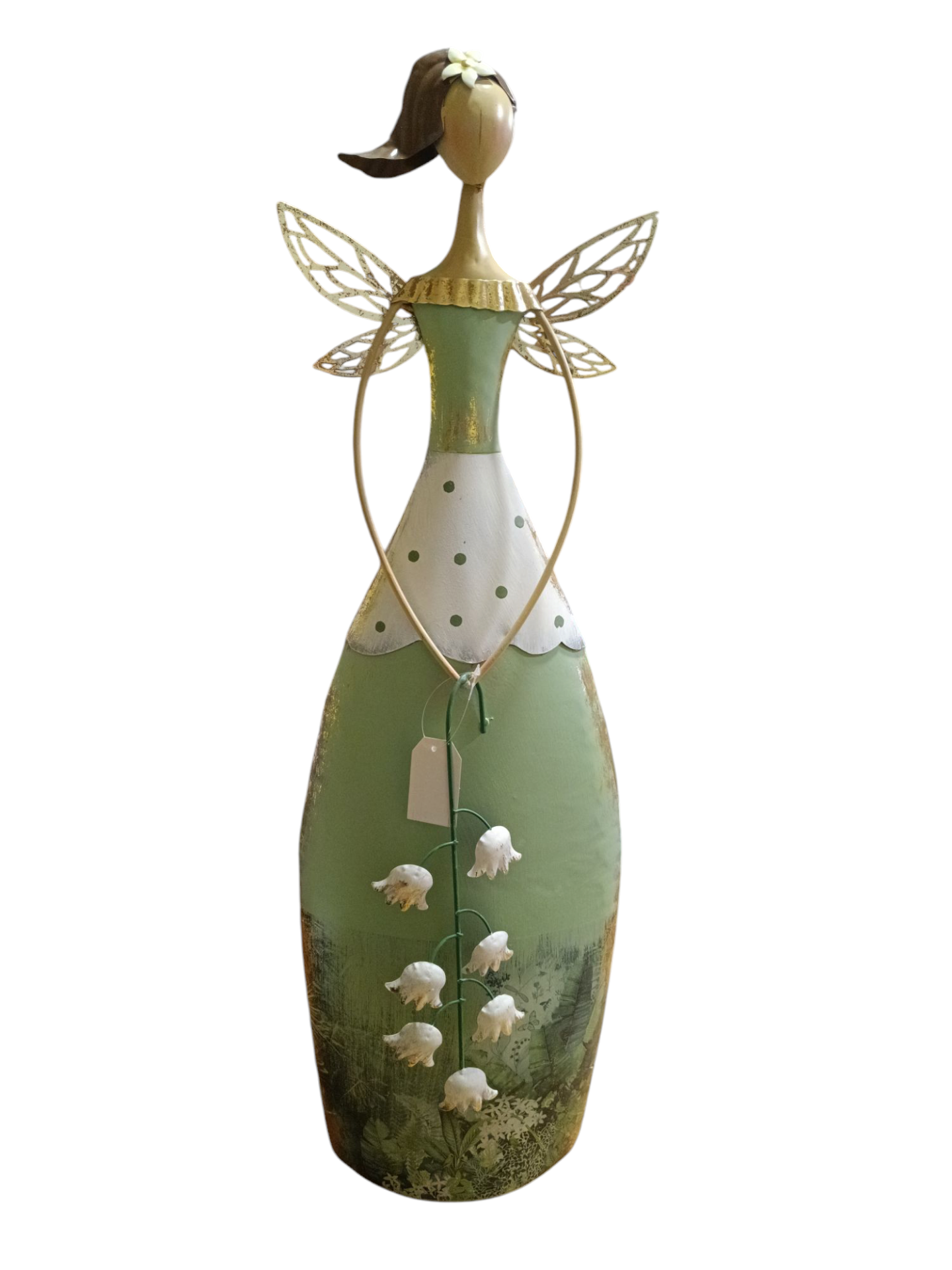 Estatueta de fada decorativa com vestido verde e branco e asas douradas