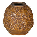 Jarro decorativo em cerâmica castanha com relevo de flores e folhas