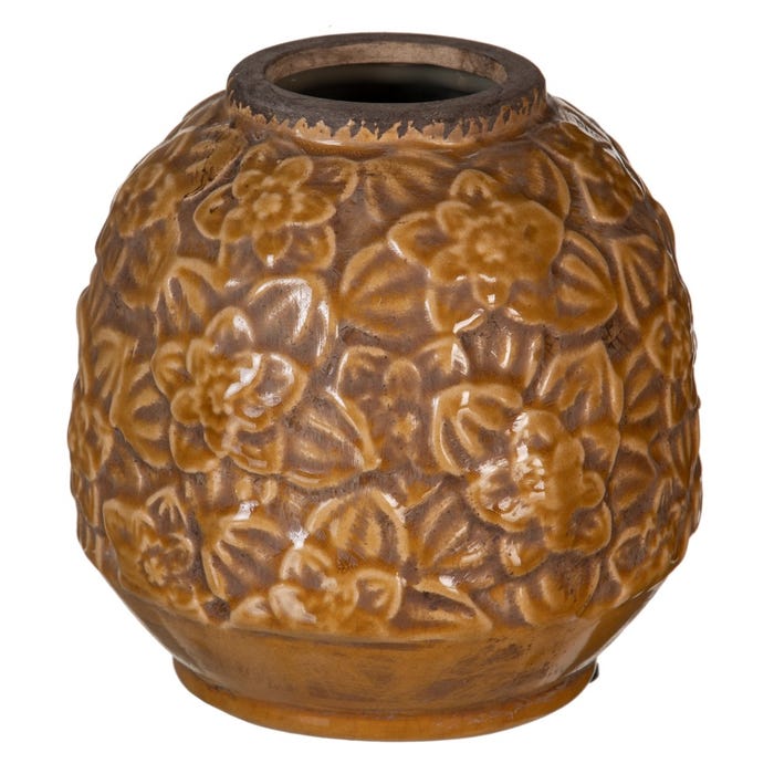 Jarro decorativo em cerâmica castanha com relevo de flores e folhas