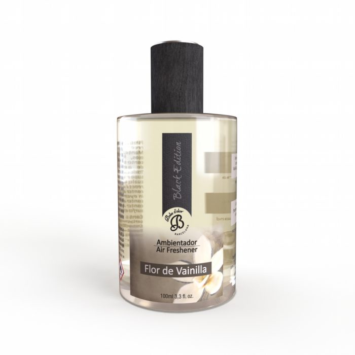 Frasco transparente de ambientador de ar Flor de Vainilla com tampa preta e rótulo preto e branco
