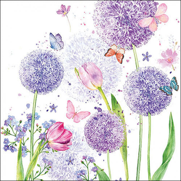 Ilustração de flores lilases esféricas, tulipas rosas e borboletas coloridas em fundo branco
