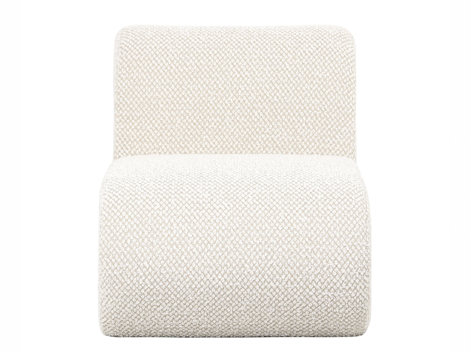 Cadeira estofada branca texturizada, sem braços, com design curvo