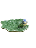 Prato verde em forma de folha com pássaro decorativo em cerâmica