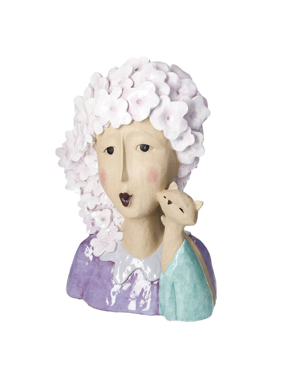 Escultura decorativa de mulher com cabelo em flores e gato azul claro