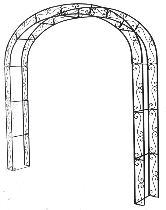 Arco metálico preto decorativo para jardim com detalhes em espiral