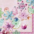 Guardanapo decorativo com bolachas natalícias coloridas e bolas de Natal